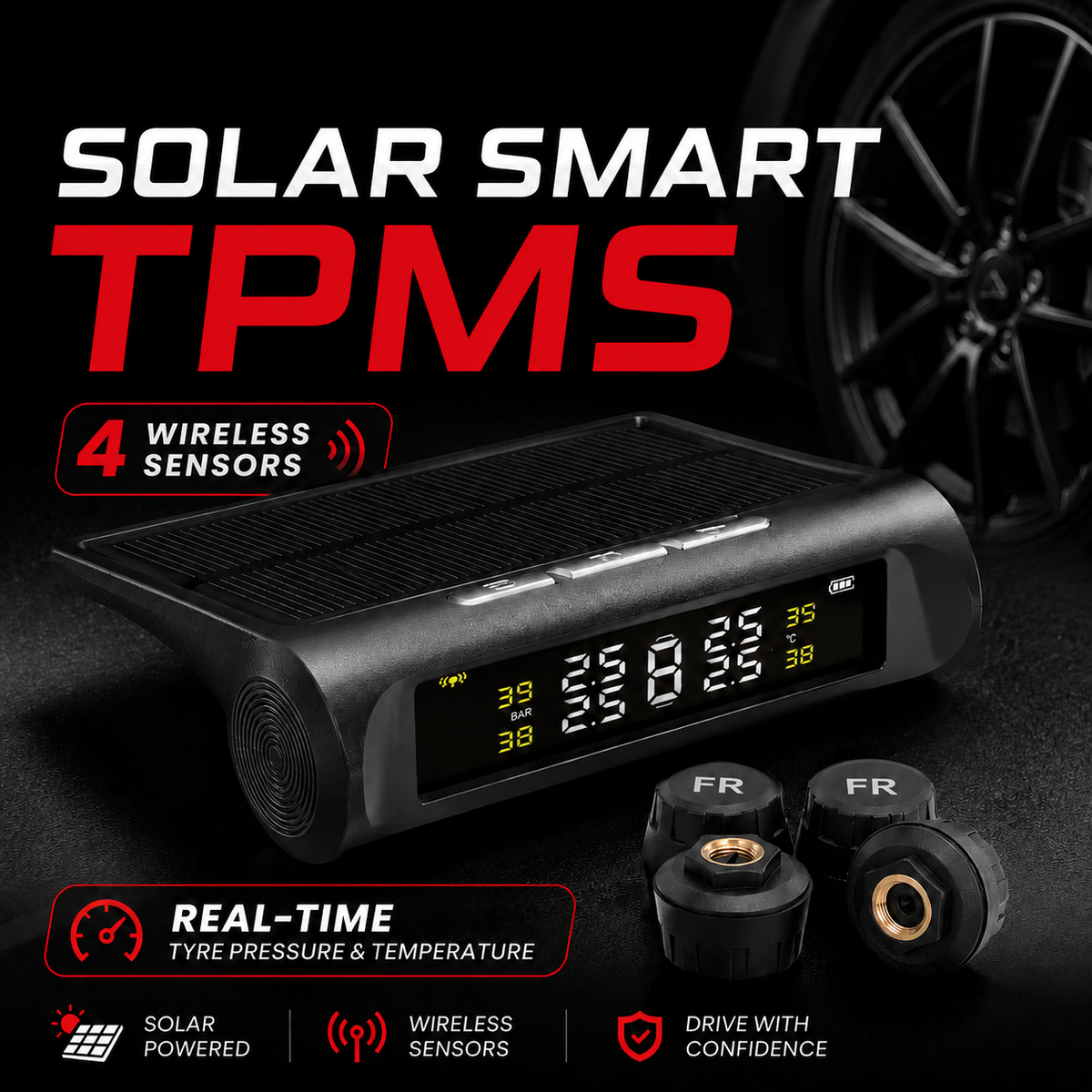 Solar Smart Tyre Pressure Monitoring System (TPMS) – 4 Wireless Sensors