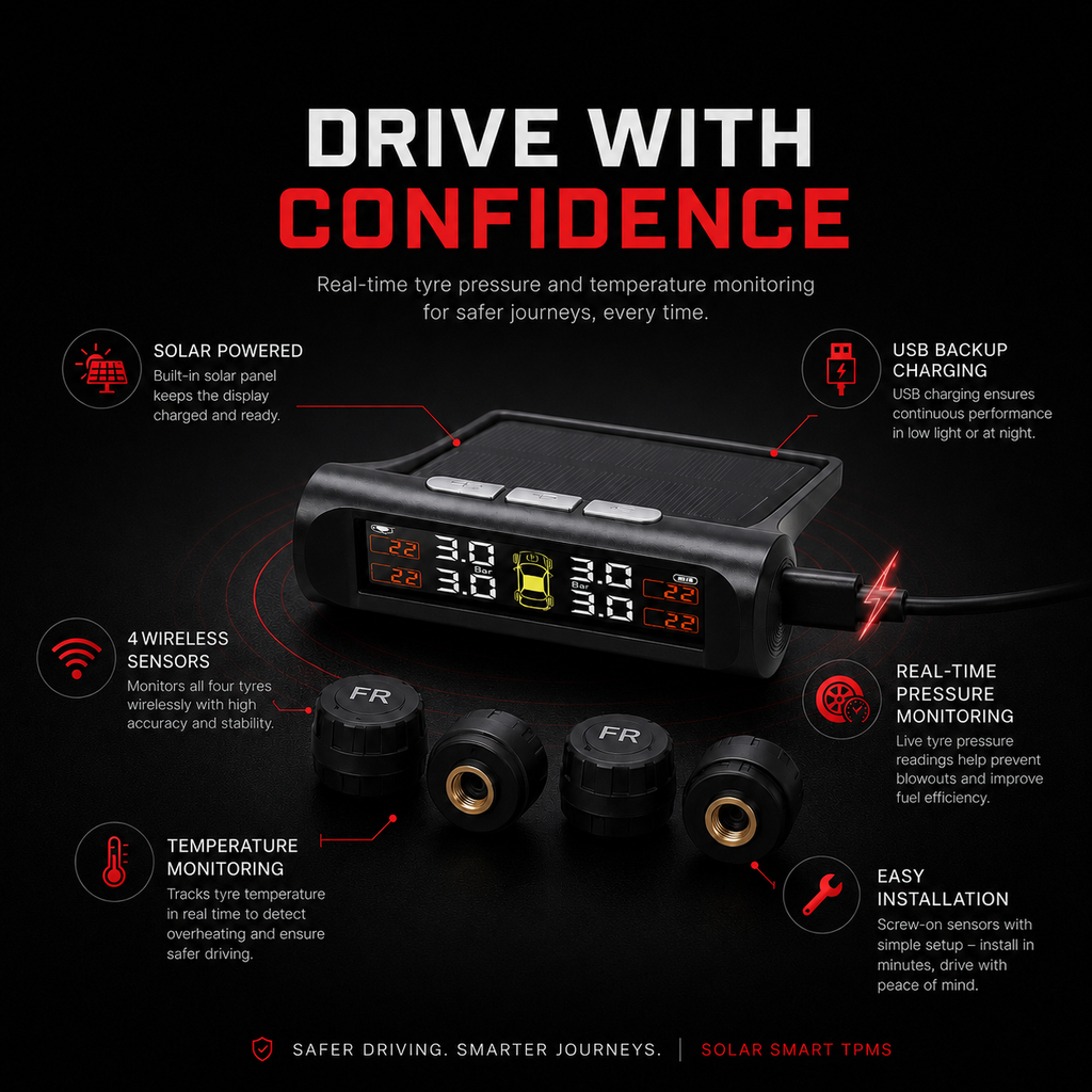 Solar Smart Tyre Pressure Monitoring System (TPMS) – 4 Wireless Sensors