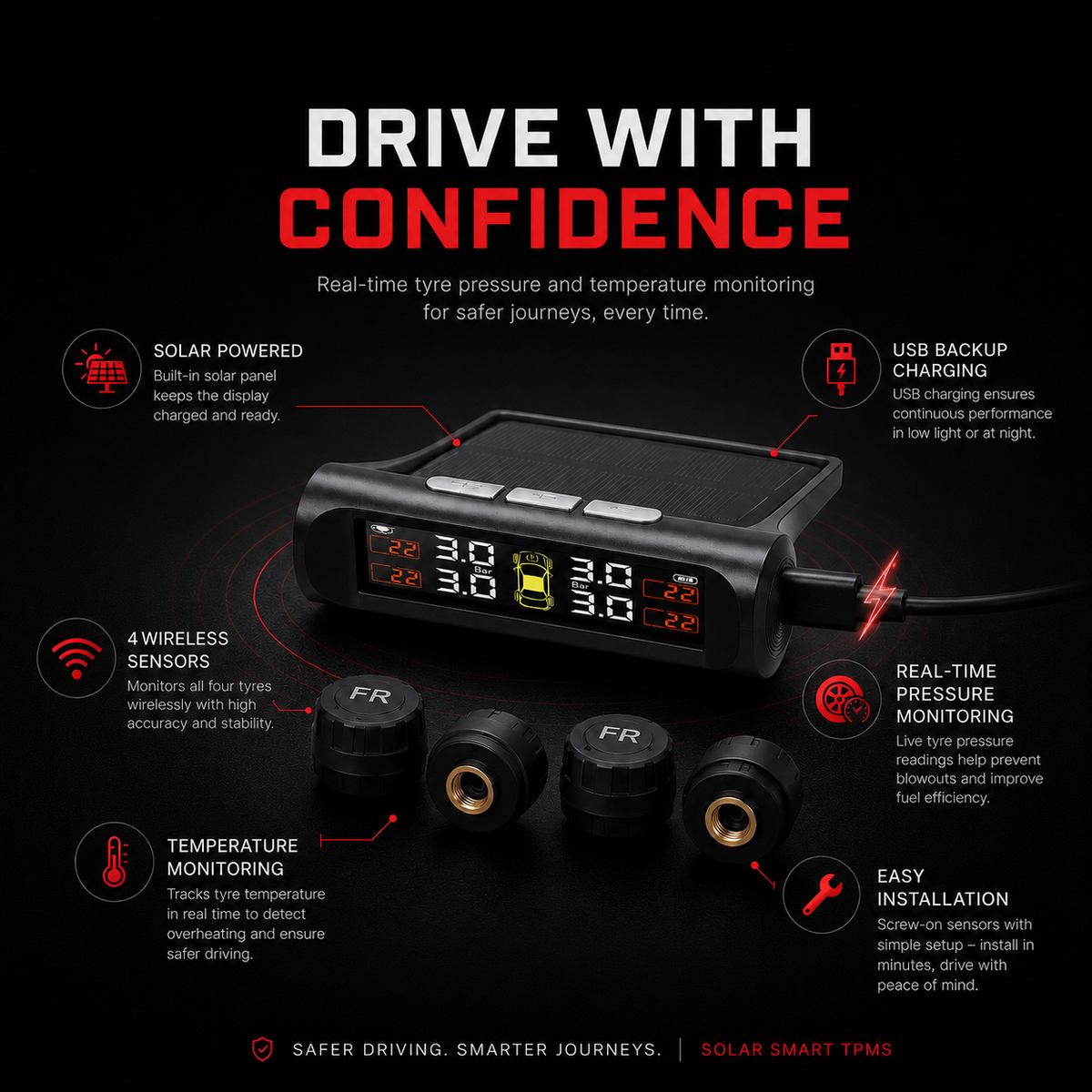 Solar Smart Tyre Pressure Monitoring System (TPMS) – 4 Wireless Sensors