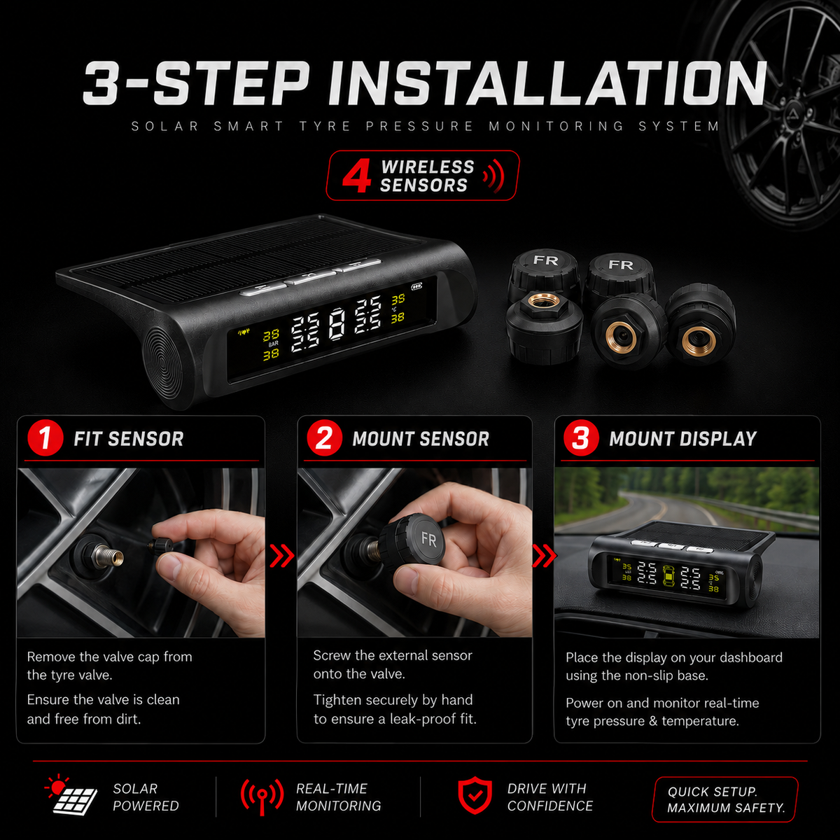 Solar Smart Tyre Pressure Monitoring System (TPMS) – 4 Wireless Sensors