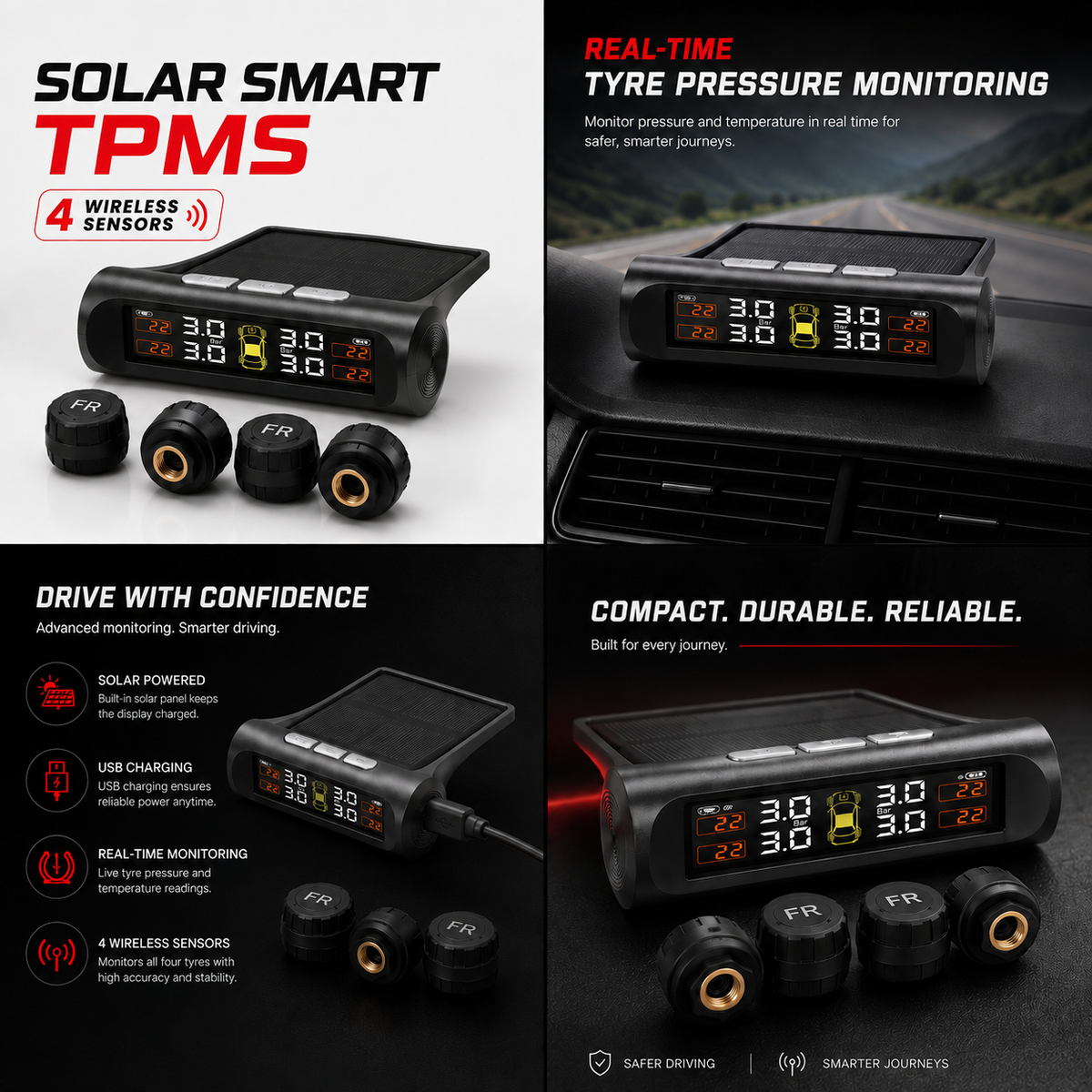 Solar Smart Tyre Pressure Monitoring System (TPMS) – 4 Wireless Sensors