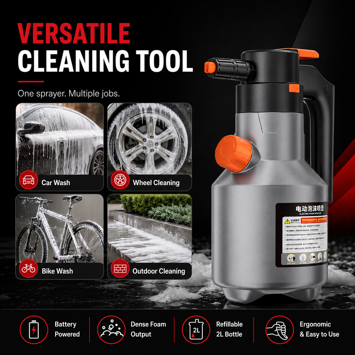 2L Rechargeable Electric Foam Sprayer – Snow Foam Car Wash Bottle