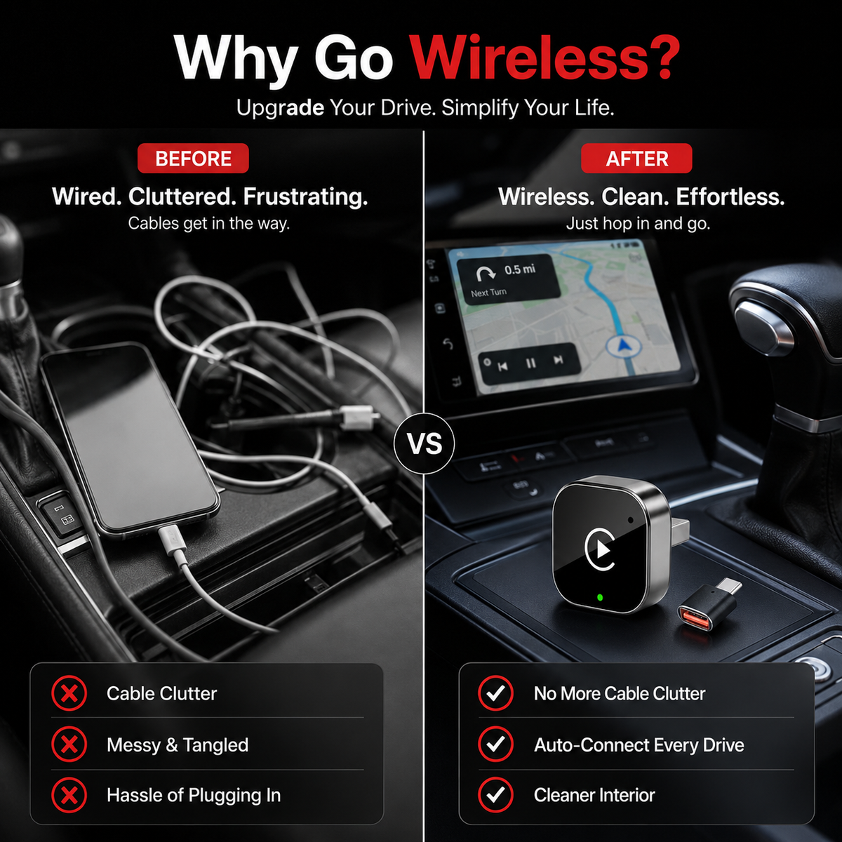 Wireless Apple CarPlay & Android Auto Adapter – Plug & Play