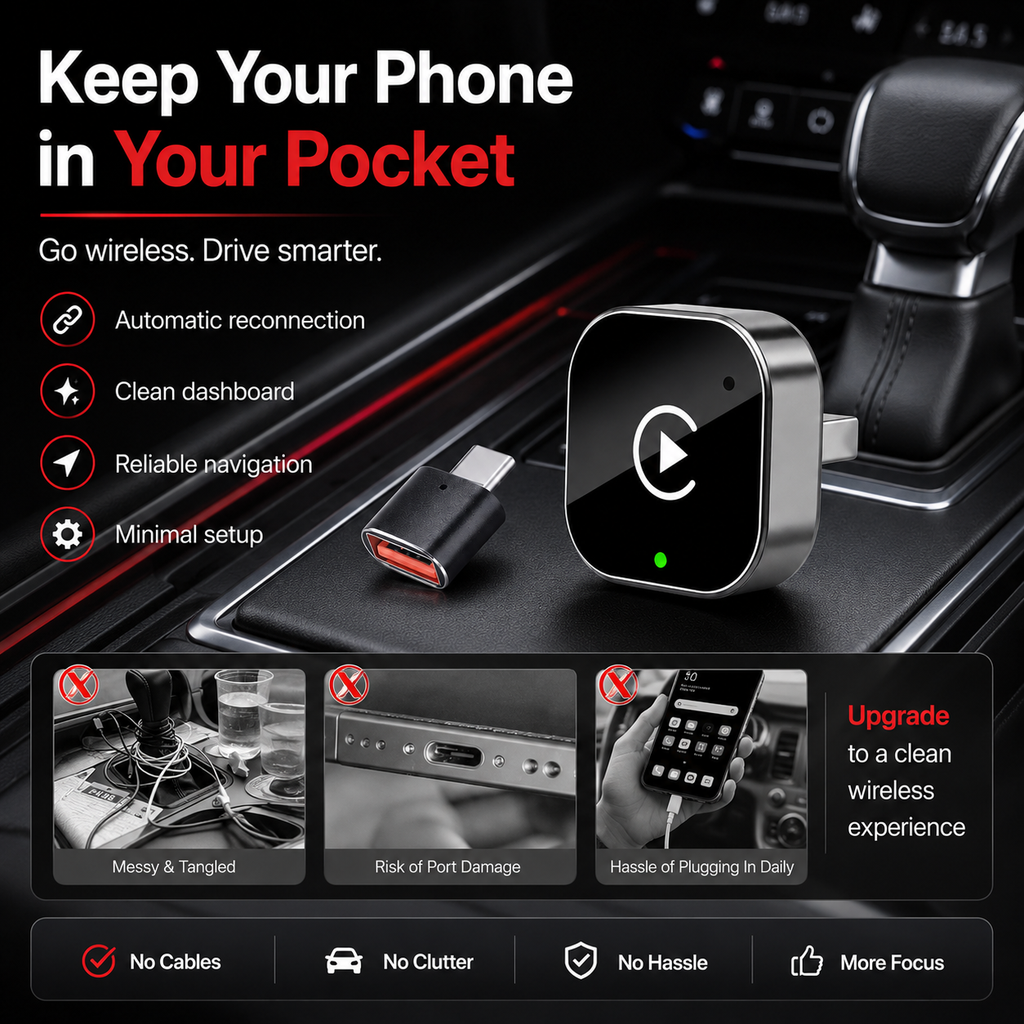 Wireless Apple CarPlay & Android Auto Adapter – Plug & Play